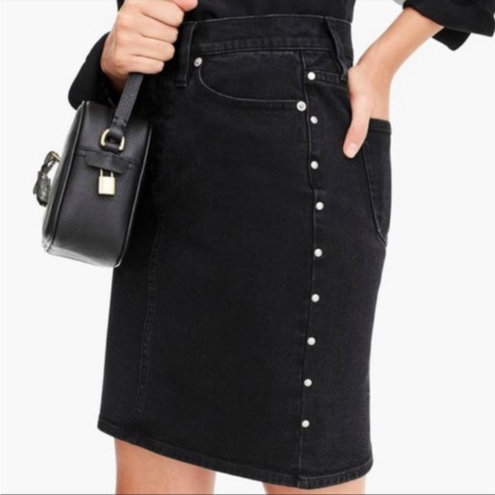 J. Crew Black Stretch Denim Mini Skirt Studded Sides Womens Sz 25‎
